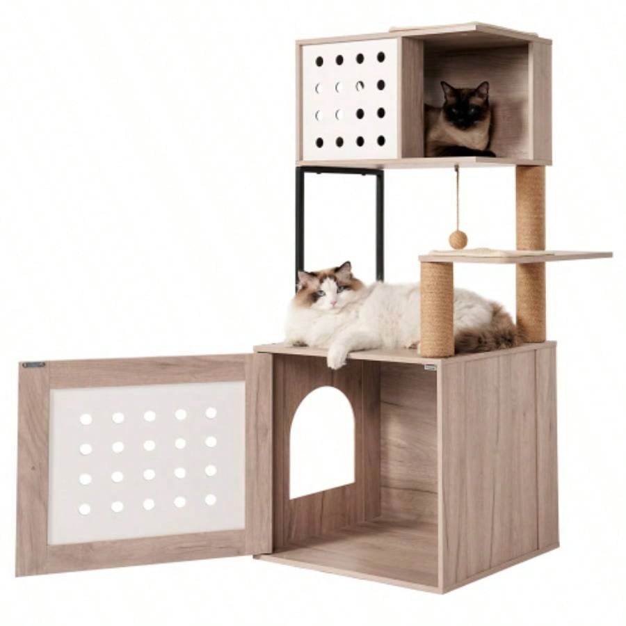Tree with Litter Box Enclosure, All - in - one Tower Indoor Cats with Large Hammock, Bed, Food Station, Scratching Posts, Modern Style Pet Furniture, Gray+white