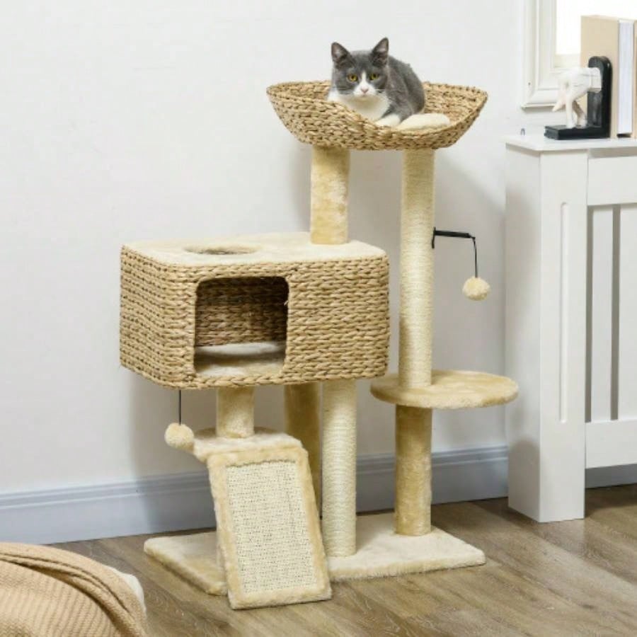 PawHut 38 Tree Indoor Cats, Tower with Scratching Posts, Ramp, Condo, Toy Balls, Platform, Bed, Ramp, Beige