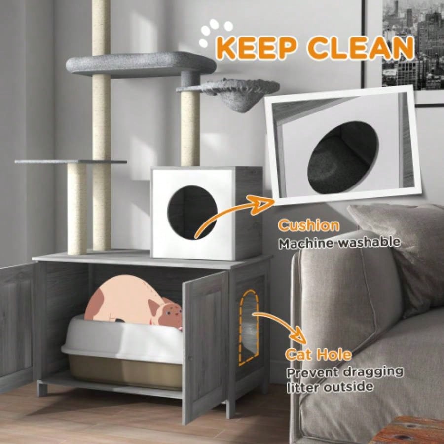 PawHut Tree with Litter Box Enclosure, 2 in 1 Floor to Ceiling Tower Litter Box Furniture with Condo, Bed, Hammock, Scratching Posts, and Platforms Indoor Use, Gray