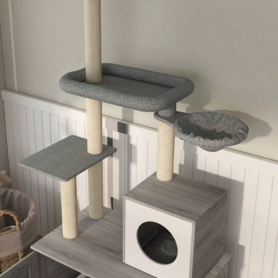 PawHut Tree with Litter Box Enclosure, 2 in 1 Floor to Ceiling Tower Litter Box Furniture with Condo, Bed, Hammock, Scratching Posts, and Platforms Indoor Use, Gray