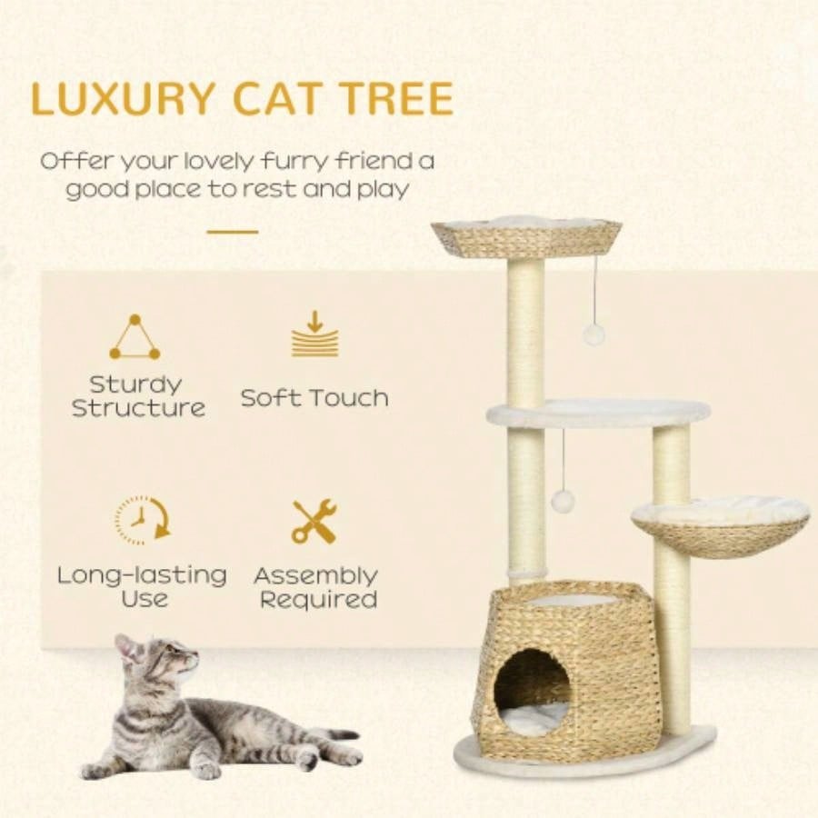 PawHut 47 Tree Activity Center, Climbing Toy with Cattail Fluff, Bed, Condo, Sisal Scratching Post, and Hanging Ball, Natural