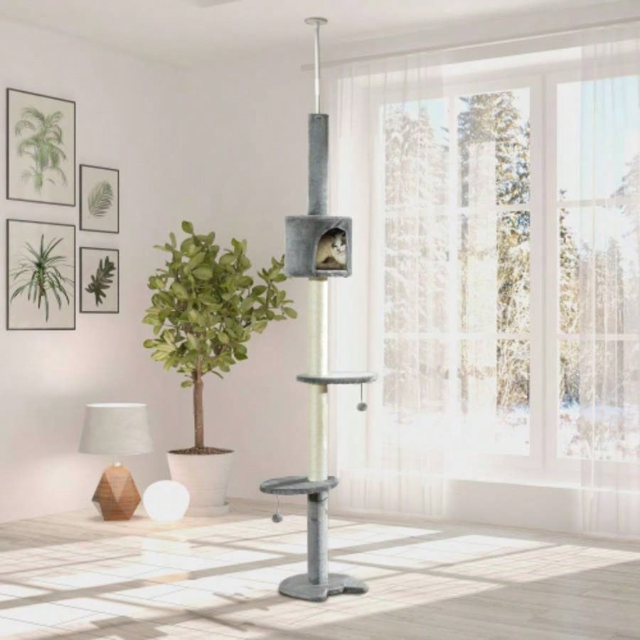 PawHut 85.5 Tree Height Adjustable Floor - to - Ceiling 4 - Tier Climbing Activity Center Condo Toy with Scratching Post Hanging Balls Rest Post Pet Furniture