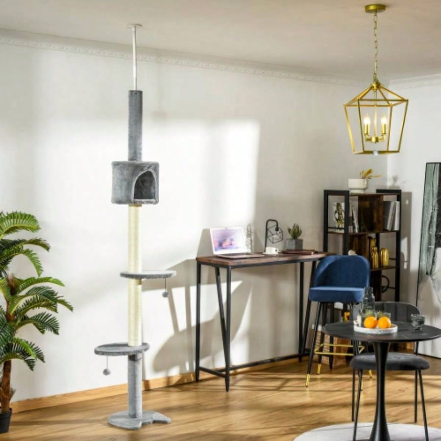 PawHut 85.5 Tree Height Adjustable Floor - to - Ceiling 4 - Tier Climbing Activity Center Condo Toy with Scratching Post Hanging Balls Rest Post Pet Furniture