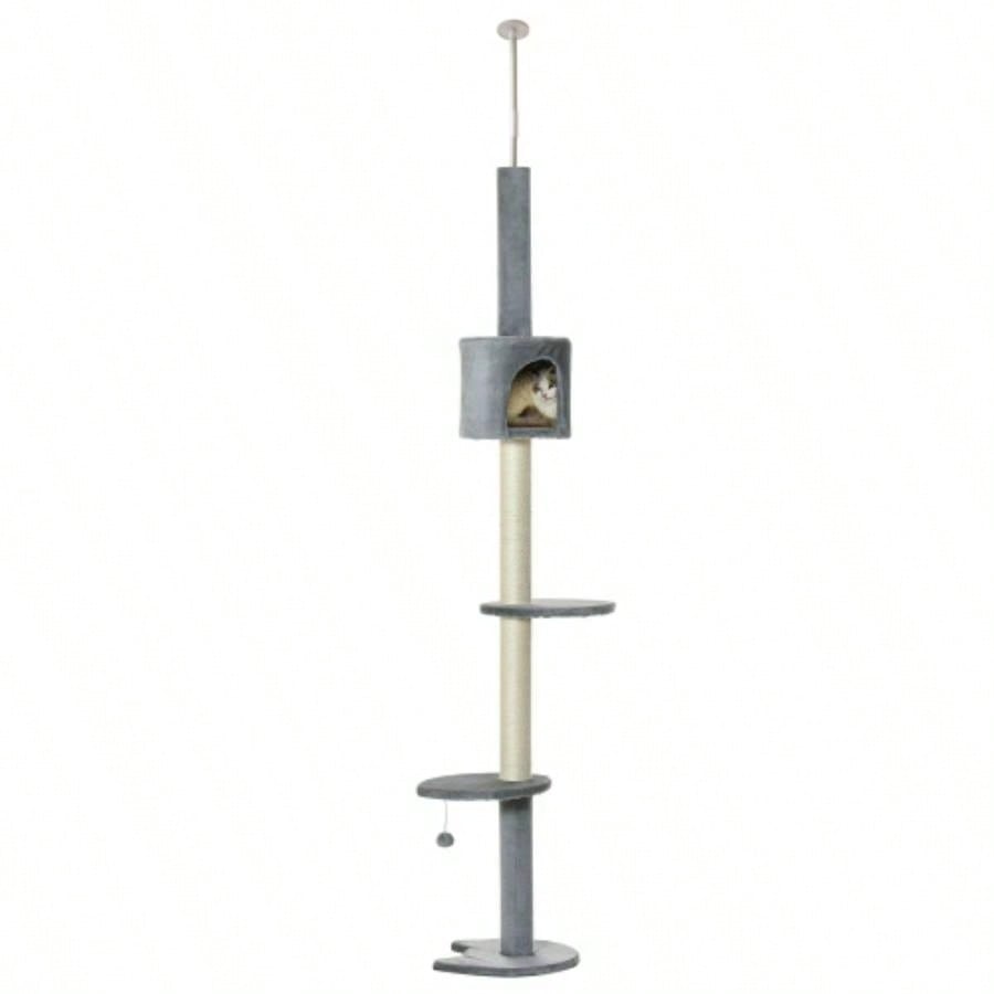 PawHut 85.5 Tree Height Adjustable Floor - to - Ceiling 4 - Tier Climbing Activity Center Condo Toy with Scratching Post Hanging Balls Rest Post Pet Furniture