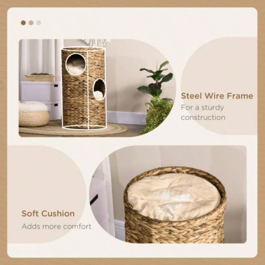 PawHut Elevated Bed with Three Hideaways Four Soft Plush Cushions, Tower with Hand - Woven Materials, Multi - Layer Raised Kitten Bed Caves