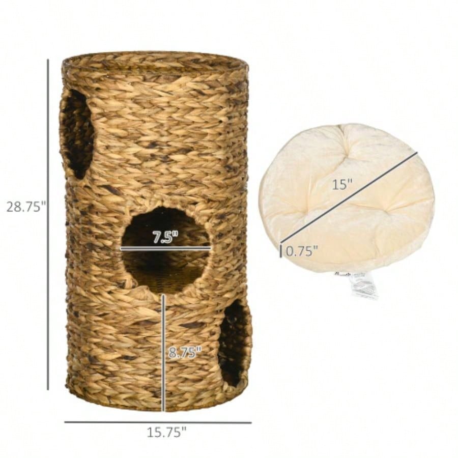 PawHut Elevated Bed with Three Hideaways Four Soft Plush Cushions, Tower with Hand - Woven Materials, Multi - Layer Raised Kitten Bed Caves