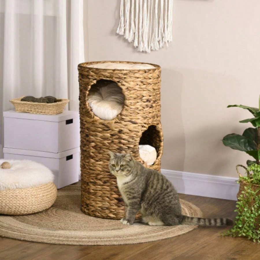 PawHut Elevated Bed with Three Hideaways Four Soft Plush Cushions, Tower with Hand - Woven Materials, Multi - Layer Raised Kitten Bed Caves