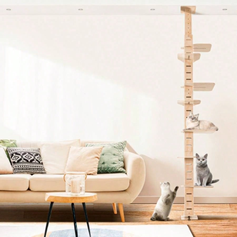 9 Adjustable Height Floor - to - Ceiling Tree, Multi - Level Vertical Condo, Climbing Frame Activity Center with Perching Shelves Indoor Cats, Natural
