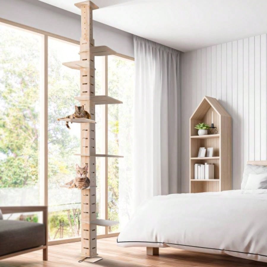 9 Adjustable Height Floor - to - Ceiling Tree, Multi - Level Vertical Condo, Climbing Frame Activity Center with Perching Shelves Indoor Cats, Natural