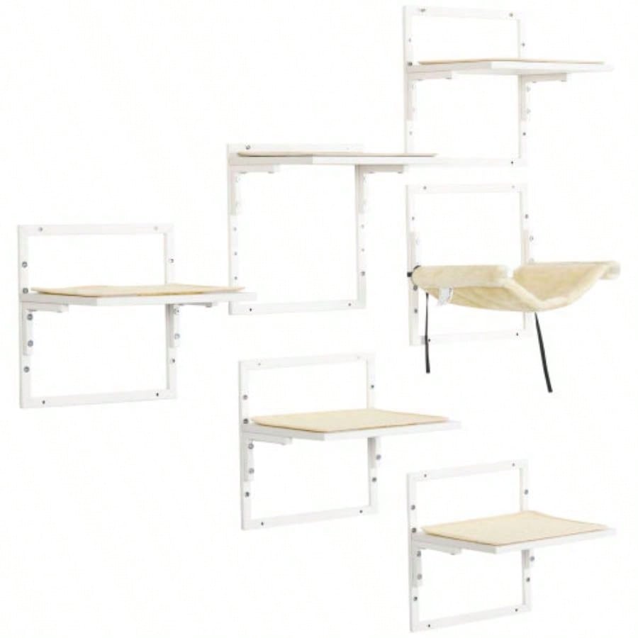 PawHut 6 - pc Modern Wall Shelves Indoor Cats, Height Adjustable Jumping Platforms Hammock, Shelves and Perches Wall - Mounted Tree, Climbing Shelf Set,