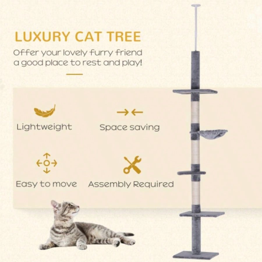 PawHut 9 Adjustable Height Floor - To - Ceiling Vertical Tree - and White