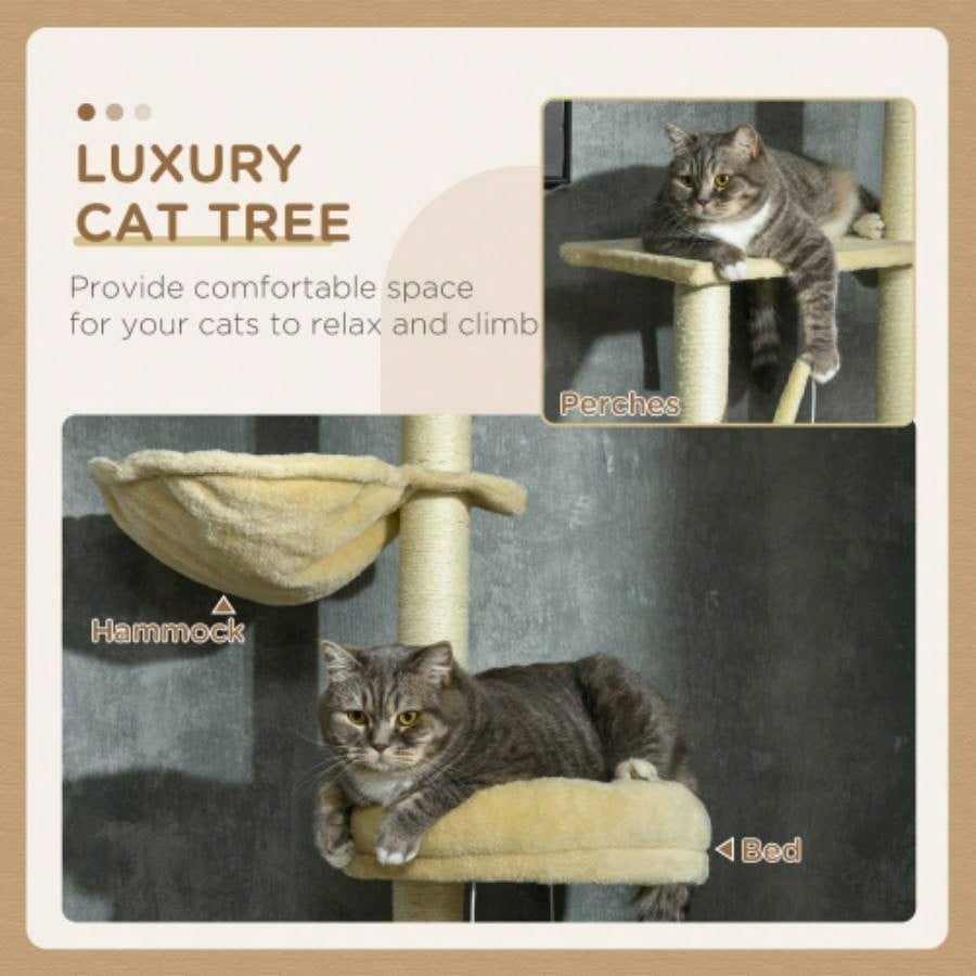PawHut Floor to Ceiling Tree, 90.5 - 98.5 Adjustable Height, Climbing Tower with Carpeted Platforms, Cozy Bed, Hammock, Scratching Posts, Toy Balls, Activity Center Kittens, Beige