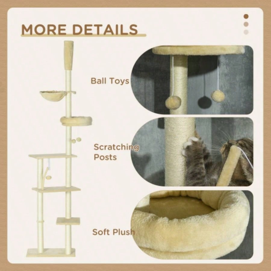 PawHut Floor to Ceiling Tree, 90.5 - 98.5 Adjustable Height, Climbing Tower with Carpeted Platforms, Cozy Bed, Hammock, Scratching Posts, Toy Balls, Activity Center Kittens, Beige