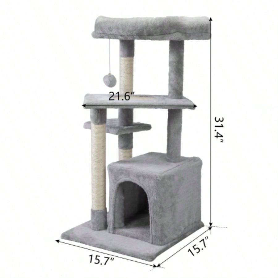 Double Level Tree Stand House Furniture Kittens Activity Tower Posts Pet House - light gray