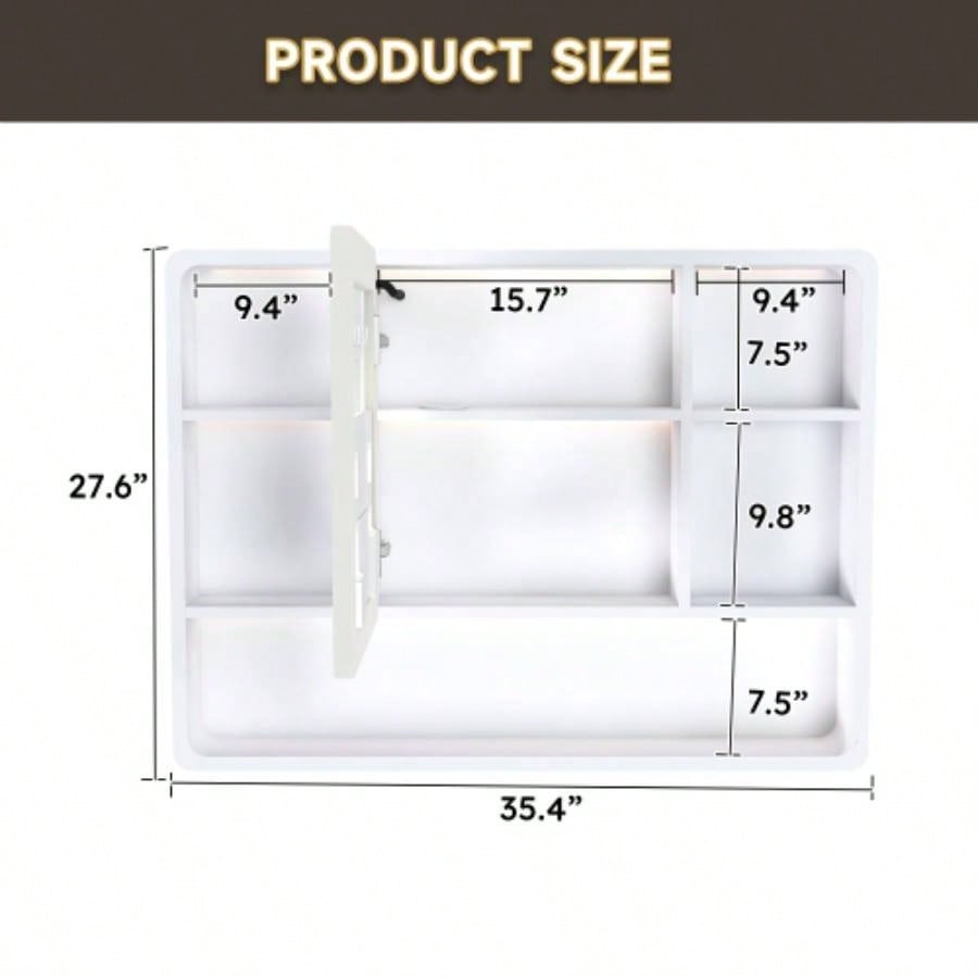 Aluminium Medicine Cabinet Mirror, 35x 28 Inches Medicine Cabinet with 3 Colors LED Light and Defogging Function, Bathroom Mirror Cabinet with Cosmetic Storage Rack and Hair Dryer Holder, White