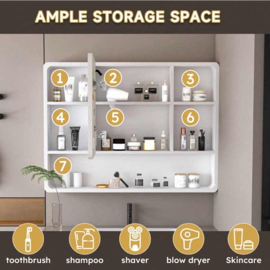 Aluminium Medicine Cabinet Mirror, 35x 28 Inches Medicine Cabinet with 3 Colors LED Light and Defogging Function, Bathroom Mirror Cabinet with Cosmetic Storage Rack and Hair Dryer Holder, White