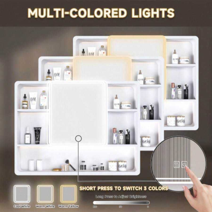 Aluminium Medicine Cabinet Mirror, 35x 28 Inches Medicine Cabinet with 3 Colors LED Light and Defogging Function, Bathroom Mirror Cabinet with Cosmetic Storage Rack and Hair Dryer Holder, White
