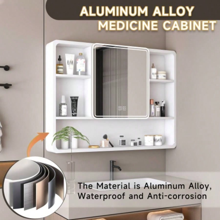 Aluminium Medicine Cabinet Mirror, 35x 28 Inches Medicine Cabinet with 3 Colors LED Light and Defogging Function, Bathroom Mirror Cabinet with Cosmetic Storage Rack and Hair Dryer Holder, White