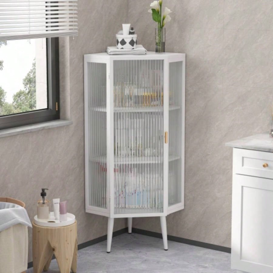 22.25 Floor Coner Cabinet with Tempered Glass Door Storage Shelves Bathroom, Living Room, Bedroom White