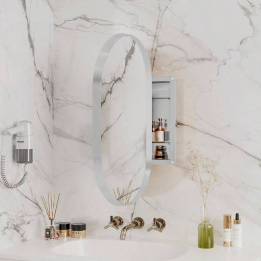 20x34 Inch Oval Recessed Medicine Cabinet, Metal Framed Bathroom Wall Cabinet with Mirror and Adjustable Shelves, Wall Mirror with Storage Bathroom, White