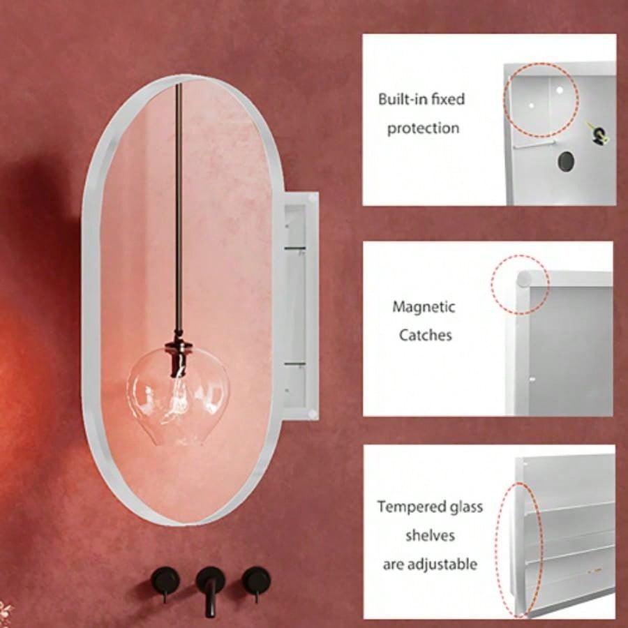 20x34 Inch Oval Recessed Medicine Cabinet, Metal Framed Bathroom Wall Cabinet with Mirror and Adjustable Shelves, Wall Mirror with Storage Bathroom, White