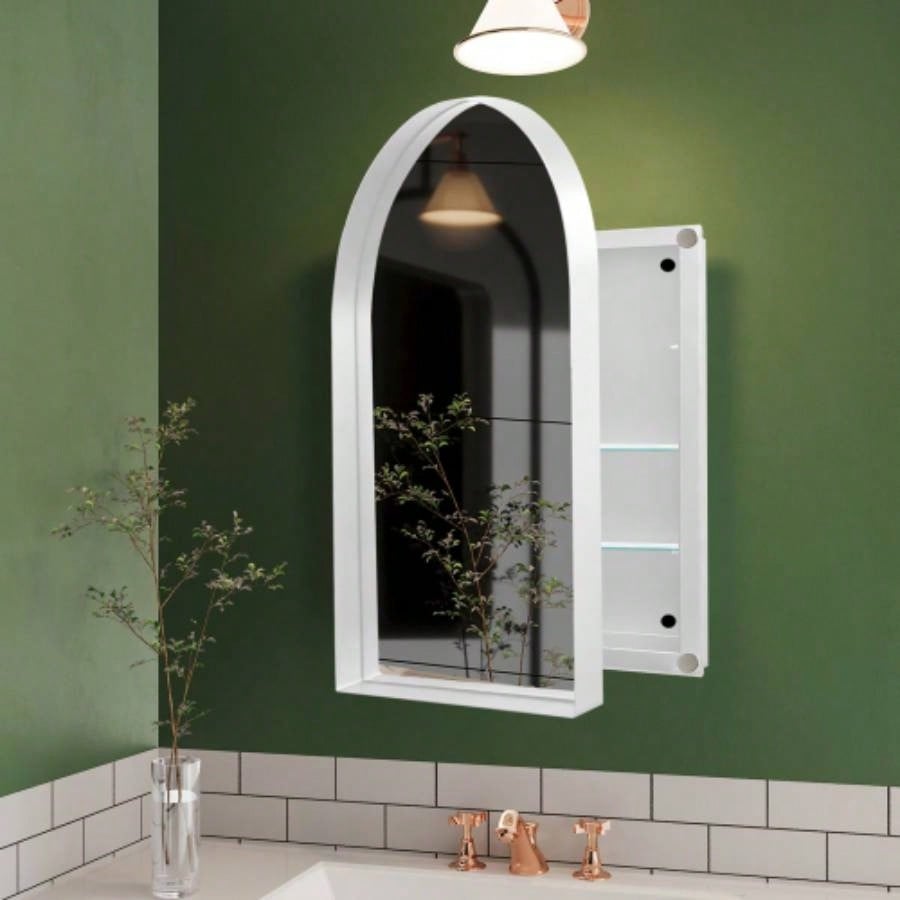 20x34 Inch Oval Recessed Medicine Cabinet, Metal Framed Bathroom Wall Cabinet with Mirror and Adjustable Shelves, Wall Mirror with Storage Bathroom, White