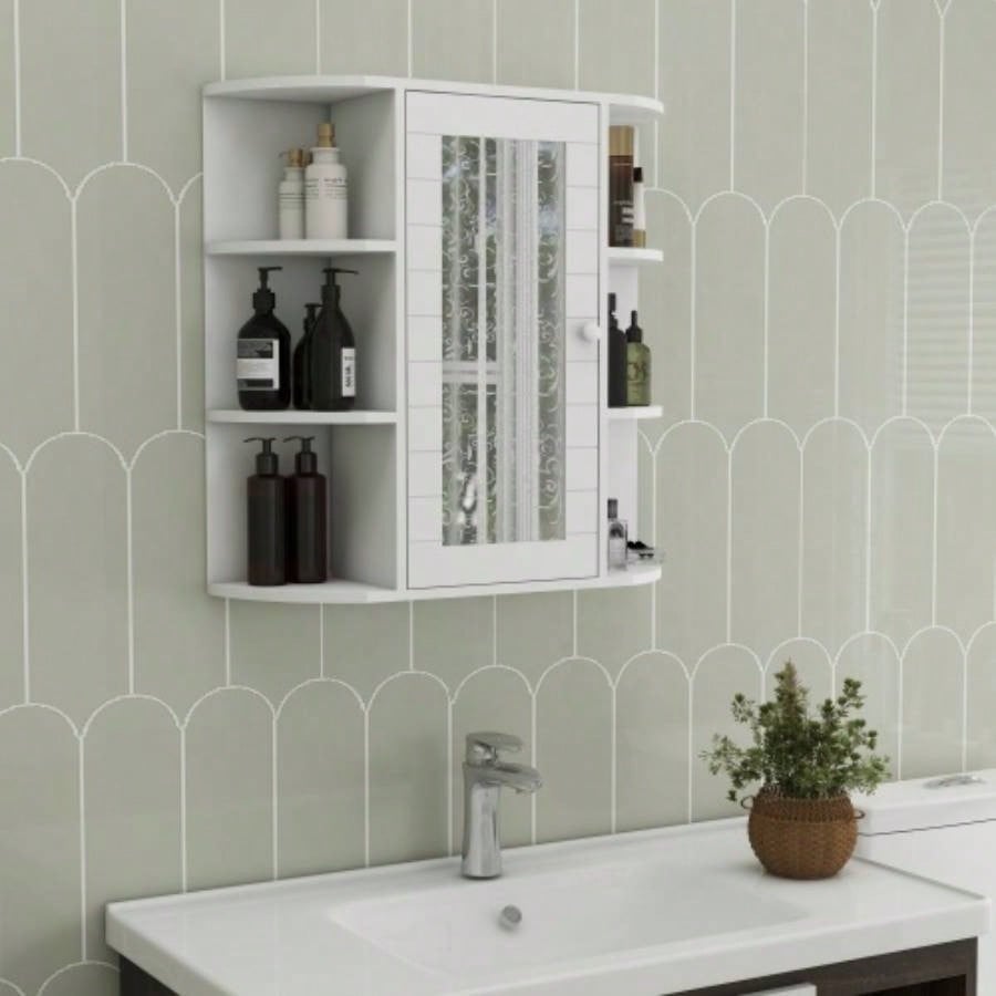 Bathroom Medicine Cabinet with Mirror, Wall Mounted Bathroom Cabinet with Mirror Door, 6 Open Shelves, 3 Adjustable Shelves Bathroom Living Room Laundry Bedroom - White