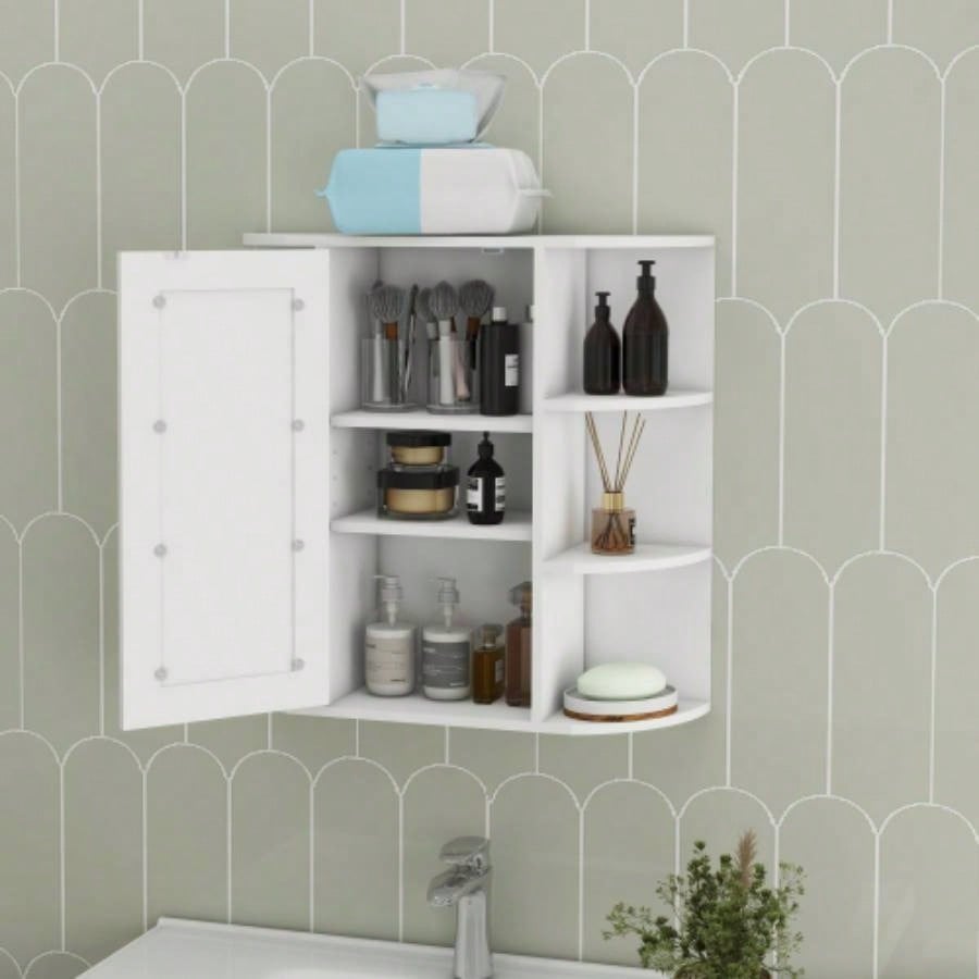 Bathroom Medicine Cabinet with Mirror, Wall Mounted Bathroom Cabinet with Mirror Door, 6 Open Shelves, 3 Adjustable Shelves Bathroom Living Room Laundry Bedroom - White