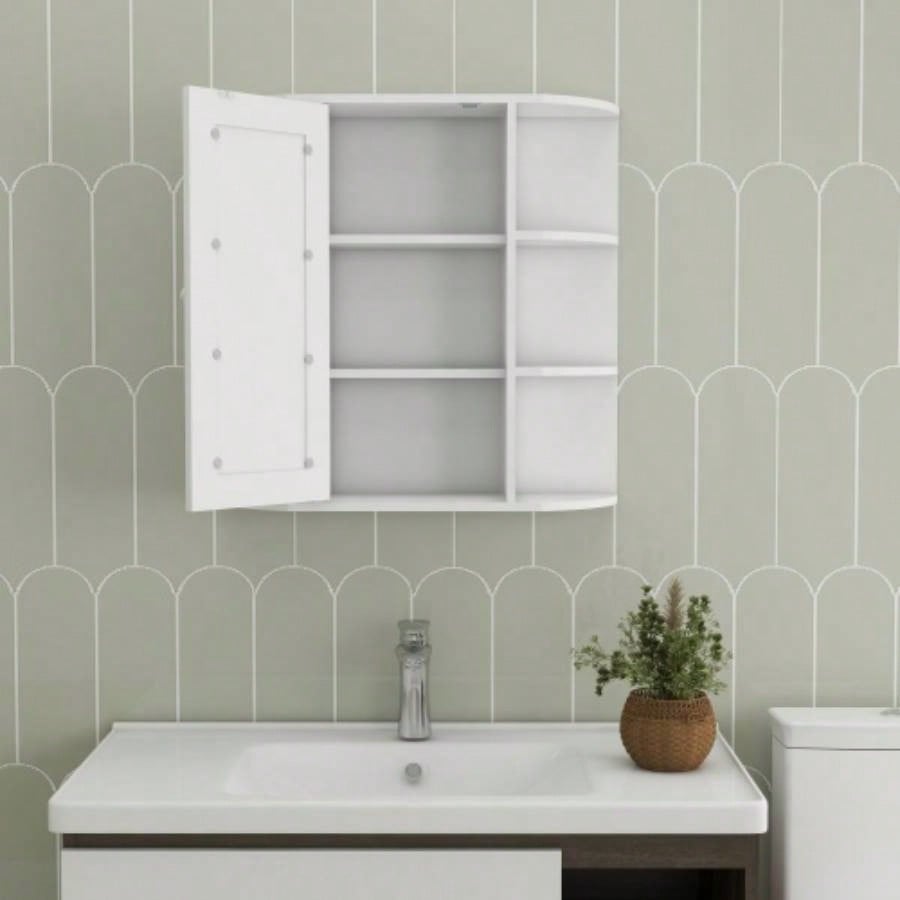 Bathroom Medicine Cabinet with Mirror, Wall Mounted Bathroom Cabinet with Mirror Door, 6 Open Shelves, 3 Adjustable Shelves Bathroom Living Room Laundry Bedroom - White
