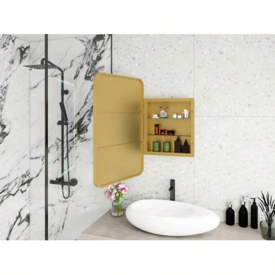 Rectangle Medicine Cabinet Mirror Bathroom Mirror with Storage Wall Mounted Medicine Mirror Cabinet with LDE, Golden