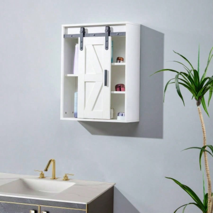 Wood wall - mounted storage cabinet, 5 - layer toilet bathroom storage cabinet, multifunctional cabinet with adjustable door, white