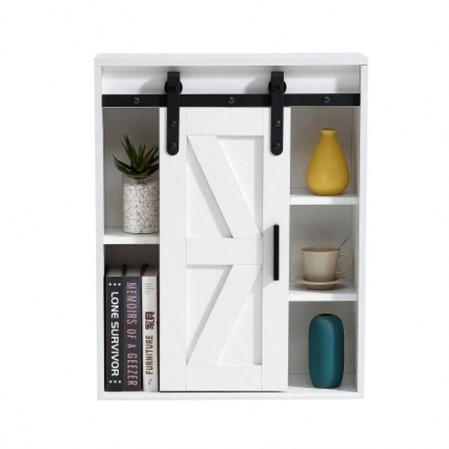 Wood wall - mounted storage cabinet, 5 - layer toilet bathroom storage cabinet, multifunctional cabinet with adjustable door, white