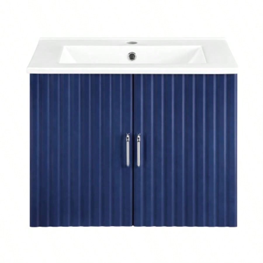 24 Floating Wall Mounted Bathroom Vanity with White Porcelain Sink and Soft Close Doors