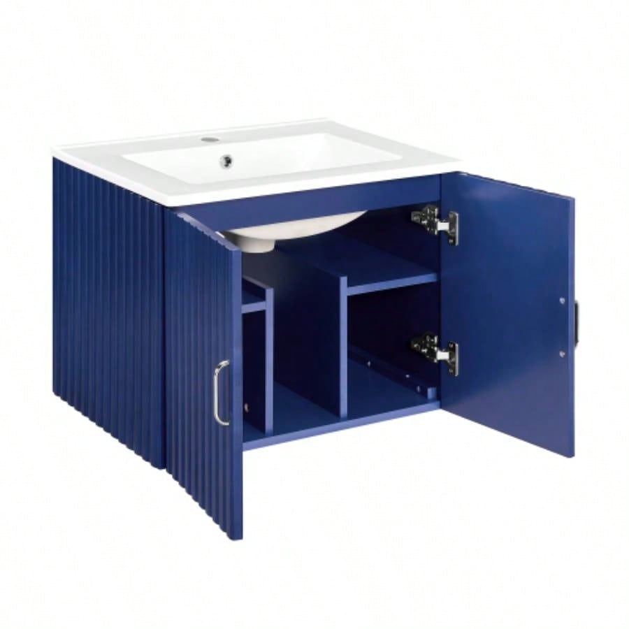 24 Floating Wall Mounted Bathroom Vanity with White Porcelain Sink and Soft Close Doors