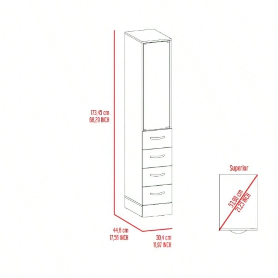 Linen Cabinet 68 H, Three Shelves, Four Drawers and Metal handles, White
