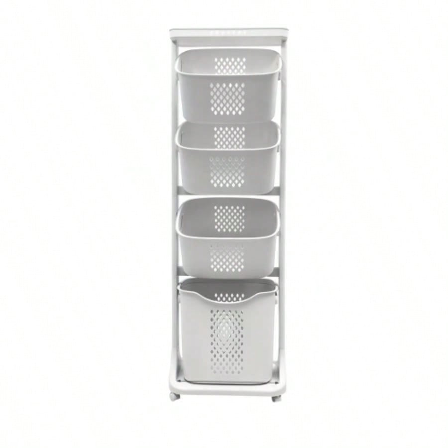 4 - Tier Laundry Hamper Sorter, Laundry Storage Organizer with Wheels Removable Rolling Laundry Baskets, Bathroom Cart Dirty Clothes, White