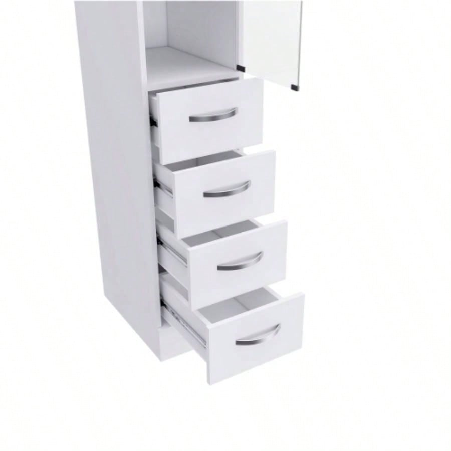 Linen Cabinet 68 H, Three Shelves, Four Drawers and Metal handles, White