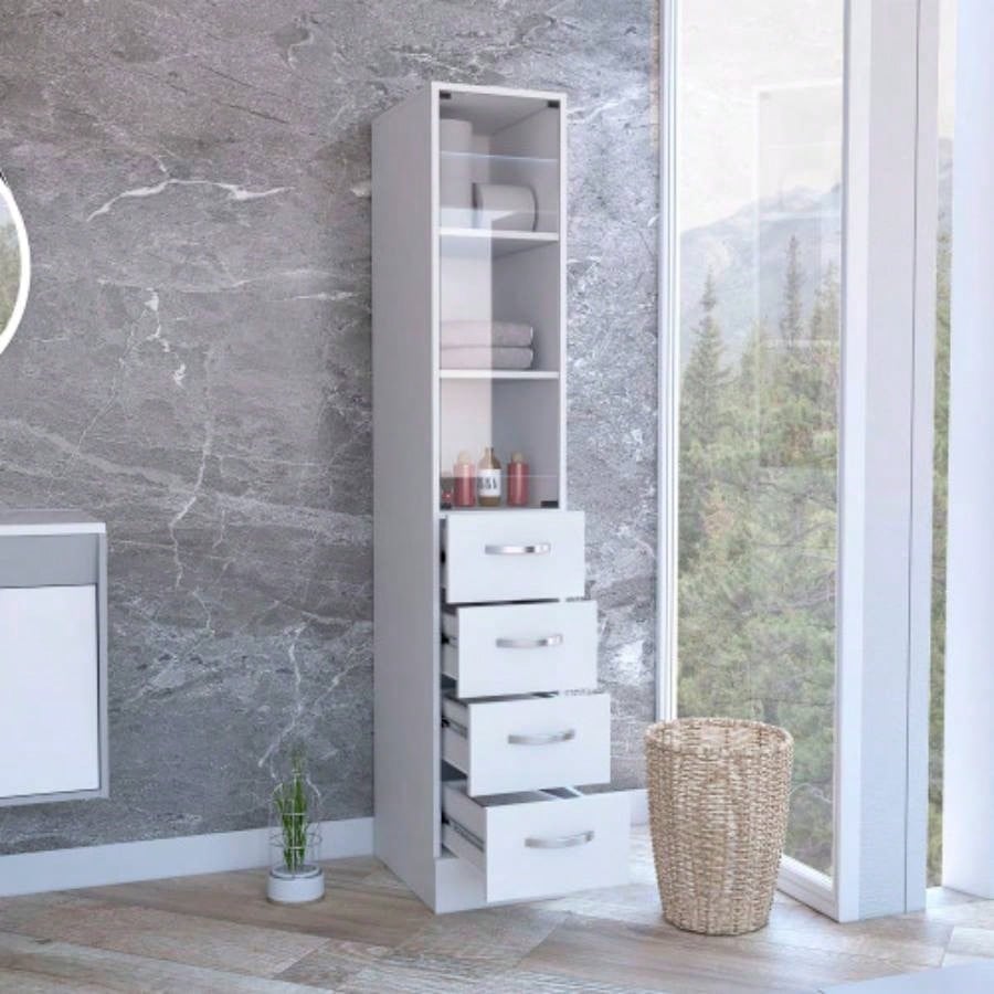 Linen Cabinet 68 H, Three Shelves, Four Drawers and Metal handles, White