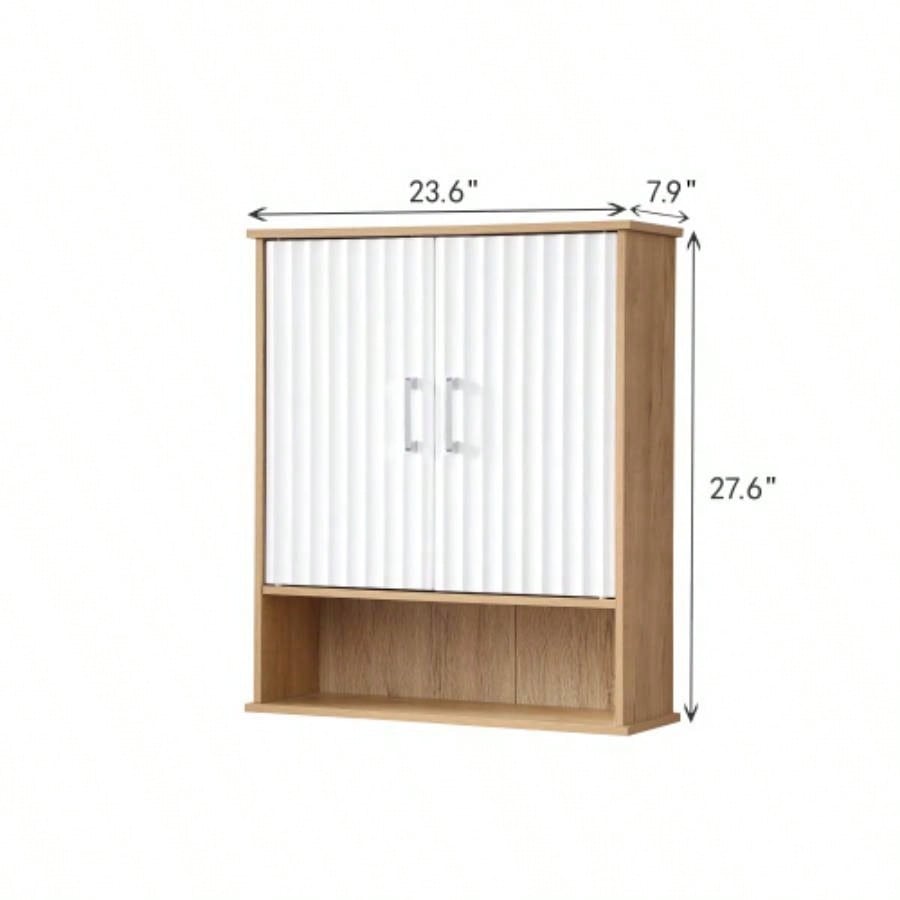 Bathroom Wall Cabinet with Double - Door, Bottom Shelf, Wavy - Patterned Doors, Adjustable Inner Shelf, Easy Installation, White Natural Wood