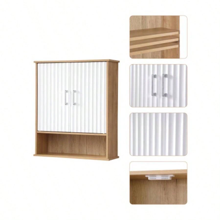Bathroom Wall Cabinet with Double - Door, Bottom Shelf, Wavy - Patterned Doors, Adjustable Inner Shelf, Easy Installation, White Natural Wood