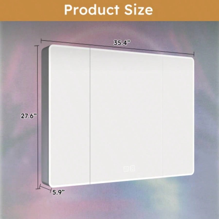 Aluminium Medicine Cabinet Mirror, 35x 28 Inches Medicine Cabinet with 3 Colors LED Light and Defogging Function, Bathroom Mirror Cabinet with Cosmetic Storage Rack and Hair Dryer Holder,