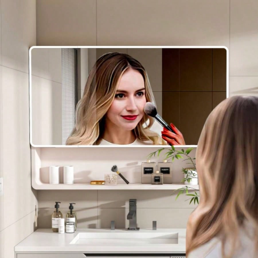 Aluminium Medicine Cabinet Mirror, 35x 28 Inches Medicine Cabinet with 3 Colors LED Light and Defogging Function, Bathroom Mirror Cabinet with Cosmetic Storage Rack and Hair Dryer Holder, khaki
