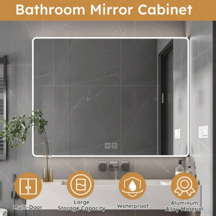 Aluminium Medicine Cabinet Mirror, 35x 28 Inches Medicine Cabinet with 3 Colors LED Light and Defogging Function, Bathroom Mirror Cabinet with Cosmetic Storage Rack and Hair Dryer Holder,
