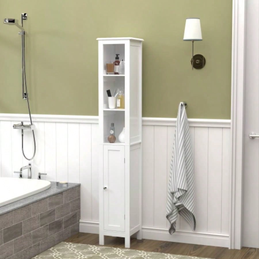 66.92 Tall Bathroom Storage Cabinet with Adjustable Shelves, Slim 1 Doors Freestanding Cabinet with Anti - Tip, Open compartments, Home, Small Spaces, Bathroom, Kitchen, Living Room, White