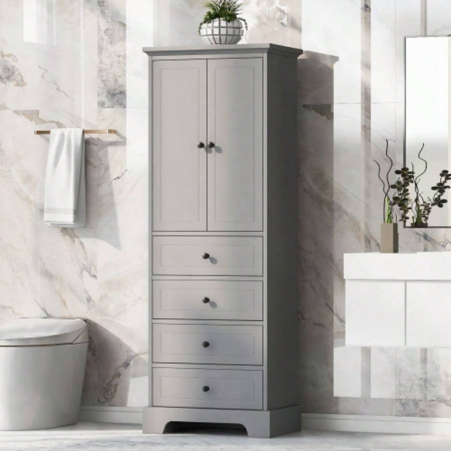 Storage Cabinet with 2 Doors and 4 Drawers Bathroom, Office, Adjustable Shelf, MDF Board with Painted, White