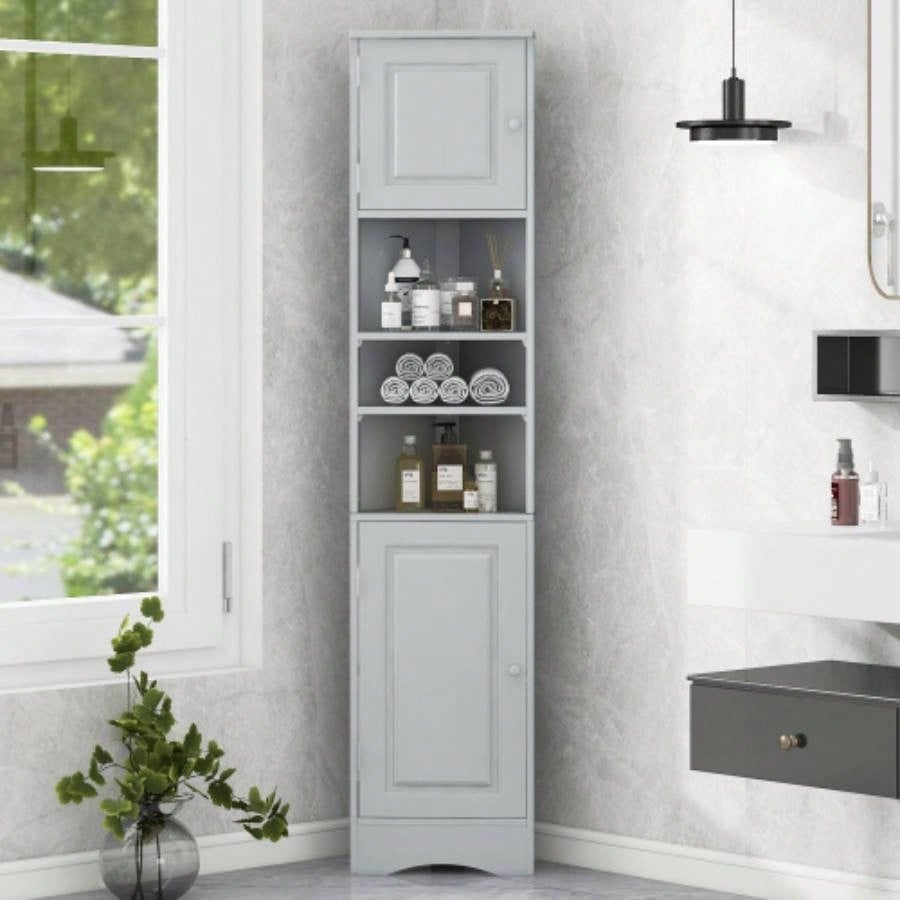 Multi - Functional Corner Cabinet Tall Bathroom Storage Cabinet with Two Doors and Adjustable Shelves, Open Shelf, WhiteOld Sku: WF294602AAK