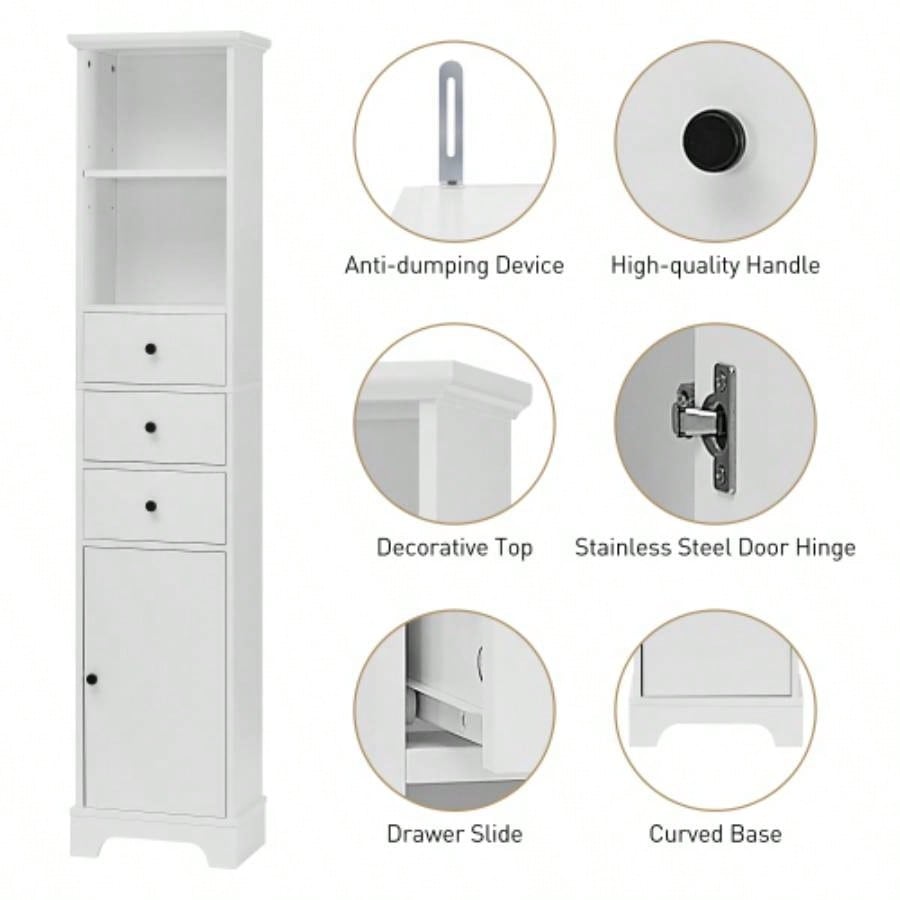 White Tall Bathroom Cabinet, Freestanding Storage Cabinet with 3 Drawers and Adjustable Shelf, MDF Board with Painted