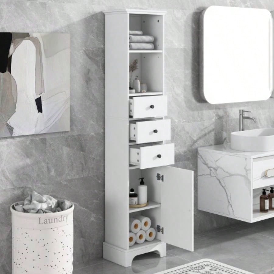 White Tall Bathroom Cabinet, Freestanding Storage Cabinet with 3 Drawers and Adjustable Shelf, MDF Board with Painted