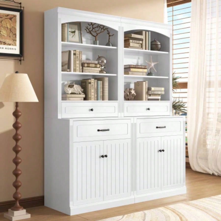 White Bathroom Storage Cabinet with Two Doors, Drawers, Adjustable Shelf Three Open Shelves - Durable MDF Construction