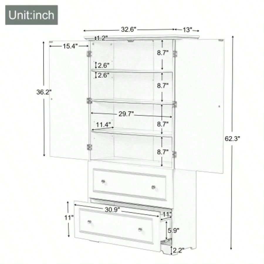 Wide Bathroom Storage Cabinet, Freestanding Storage Cabinet with Two Drawers and Adjustable Shelf, MDF Board with Painted,